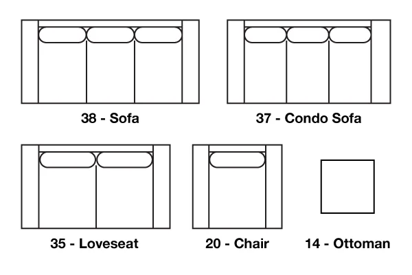 Each product is available as a sofa, condo sofa, loveseat, chair and ottoman. Consult product pages for actual dimensions.