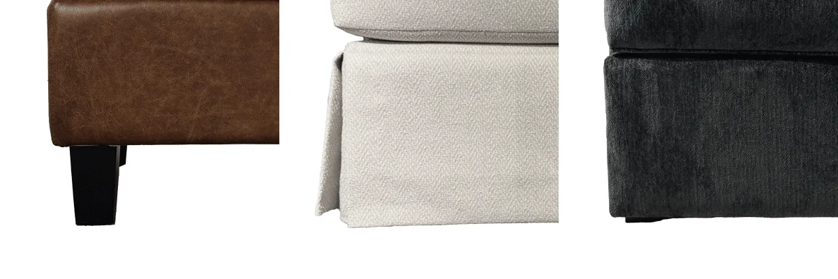 Choose between a tapered leg and a skirt for your custom ottoman! All Storage Ottomans come standard with a box base and a 1" leg.